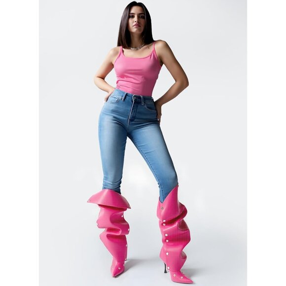 Women's Pink Suede Detachable Snap-off Panel Fold Over Fall Shark Knee High Boot - Picture 3 of 7